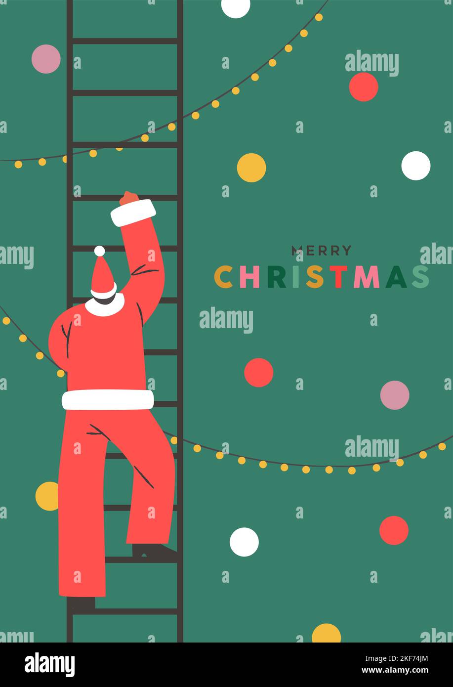 Allegro biglietto di auguri di Natale illustrazione. Stagione di festa scena, Babbo natale arrampicata sul pino con grande scala. Illustrazione Vettoriale