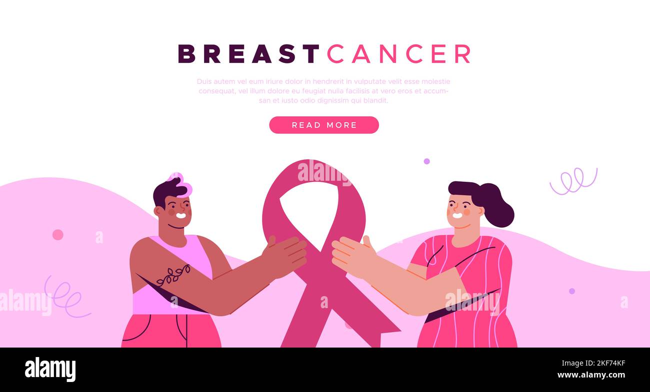 Illustrazione di concetto del mese di consapevolezza del cancro di seno con due donne giovani tengono il simbolo del nastro rosa con le mani. Moderno personaggio flat cartoon girl per dis Illustrazione Vettoriale