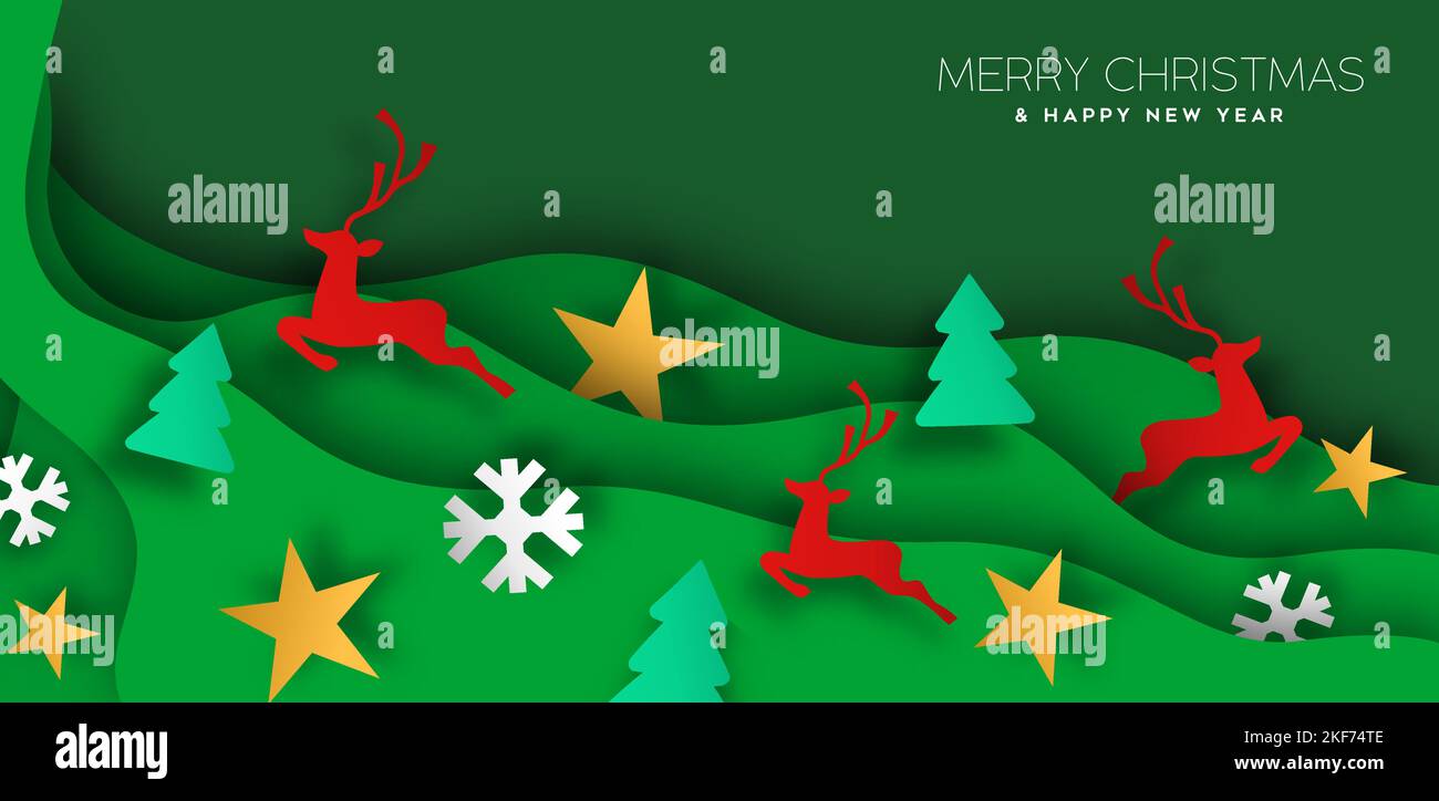 Buon Natale felice anno nuovo carta taglio banner web illustrazione. 3D carta taglio decorazione vacanza in sfondo verde onde. Icone natalizie artigianali Illustrazione Vettoriale