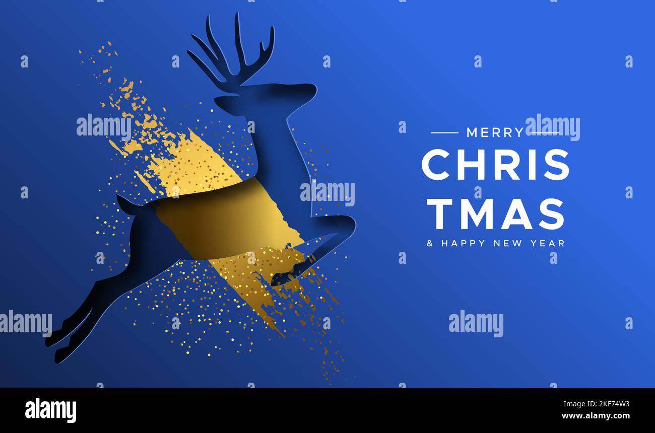 Auguri di Buon Natale felice anno nuovo bigliettino di carta tagliato le renne con luxury gold vernice e golden glitter polvere. Vacanza elegante invito alla festa o Illustrazione Vettoriale