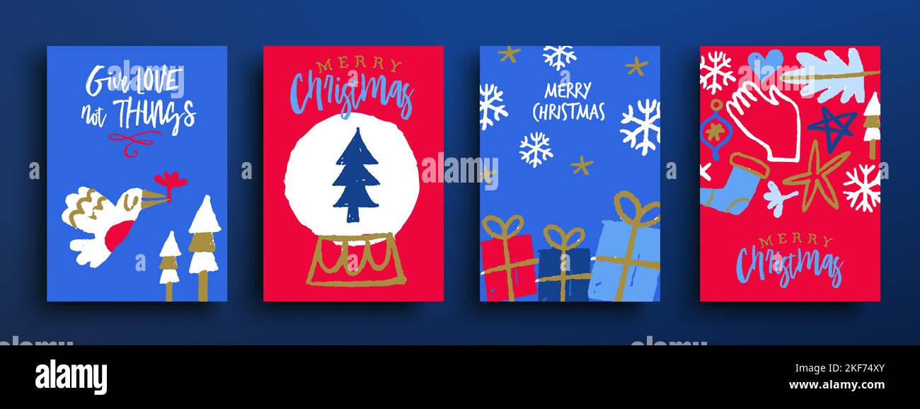 Allegro Natale biglietto di auguri raccolta di cute mano disegnata festive doodle icone con motivazione positiva citazione per amore di vacanza e consumo cosciente Illustrazione Vettoriale