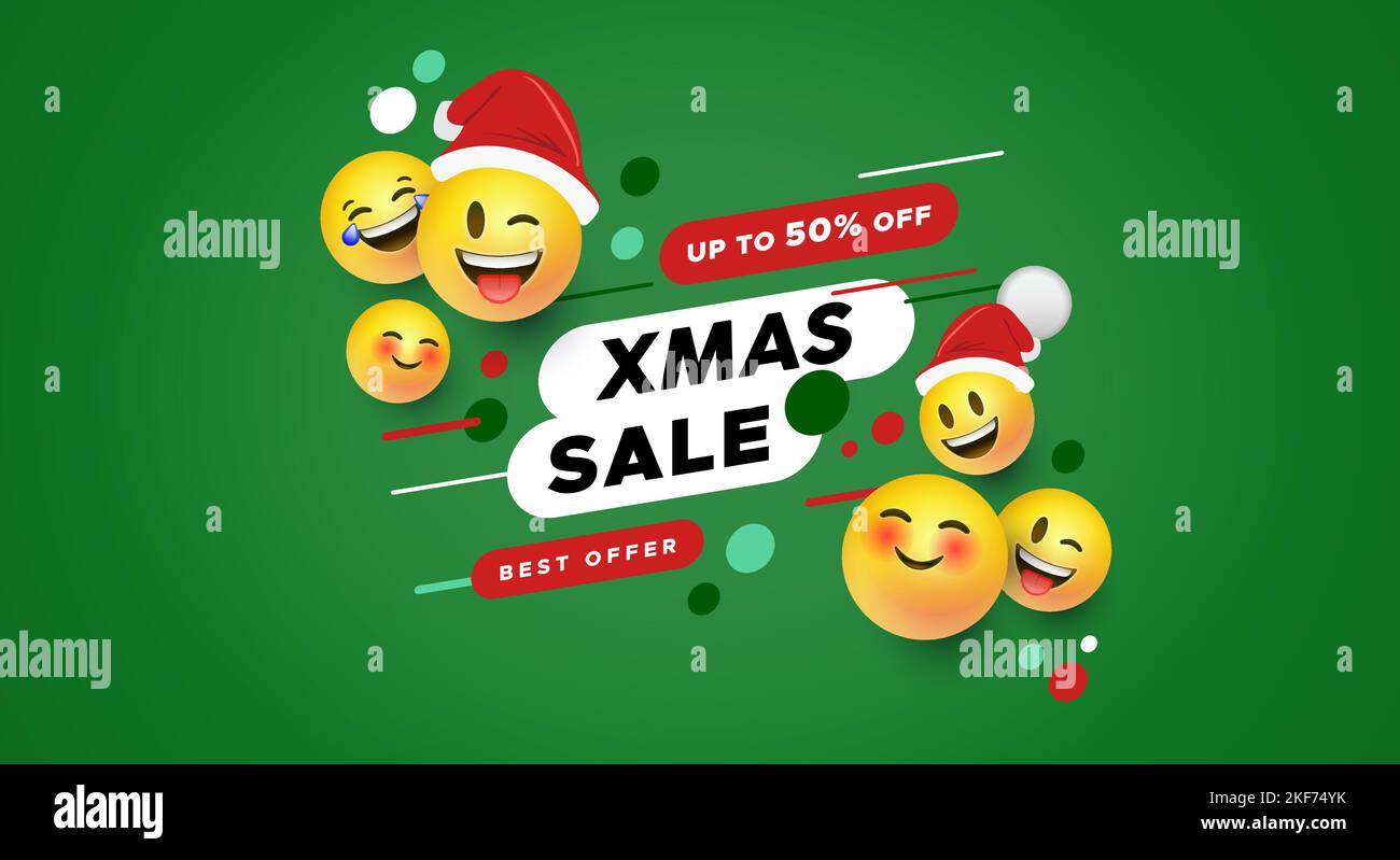Moderno banner natalizio con icone facciali smiley gialle in stile 3D. Concetto di sconto social web store per prodotti tecnologici o promozioni online. Illustrazione Vettoriale
