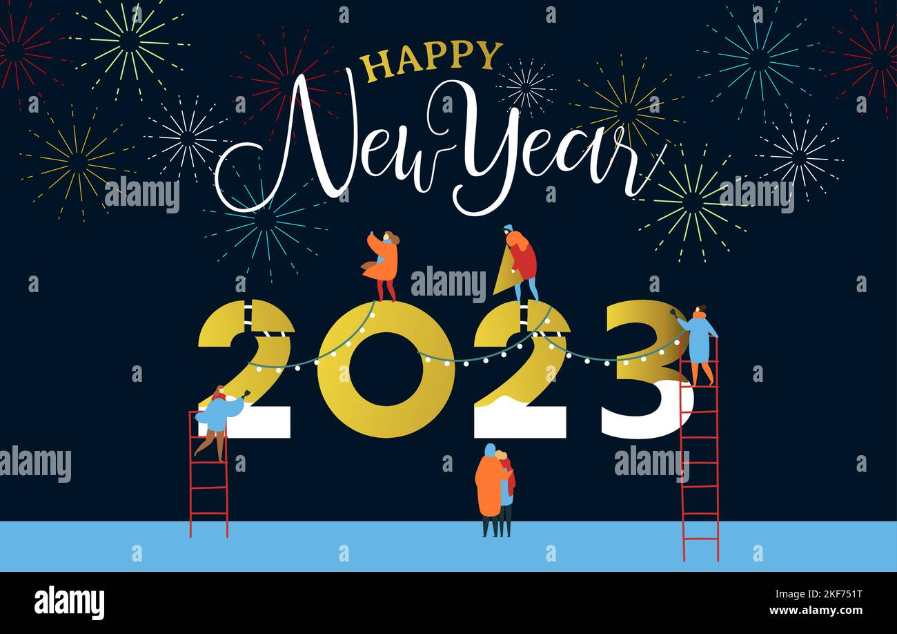 Felice biglietto di auguri per il nuovo anno 2023 di giovani che lavorano insieme facendo un grande calendario data segno numero con i fuochi d'artificio festa. Gruppo di amici o Fam Illustrazione Vettoriale