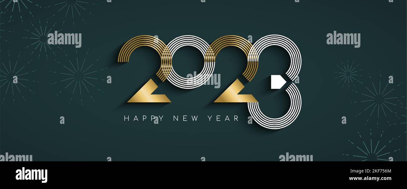 Felice anno nuovo social media banner illustrazione di moderno astratto calendario di vacanza numero segno in elegante colore oro. Design tipografico in metallo di lusso Illustrazione Vettoriale