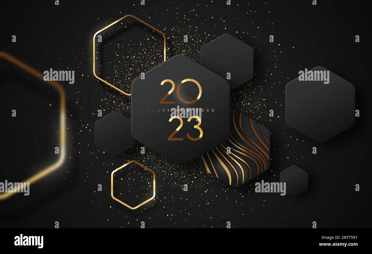 Felice anno nuovo 2023 moderna illustrazione vettoriale di biglietto di auguri di lusso. Design futuristico a forma geometrica in 3D con glitter d'oro e forme astratte dorate Illustrazione Vettoriale