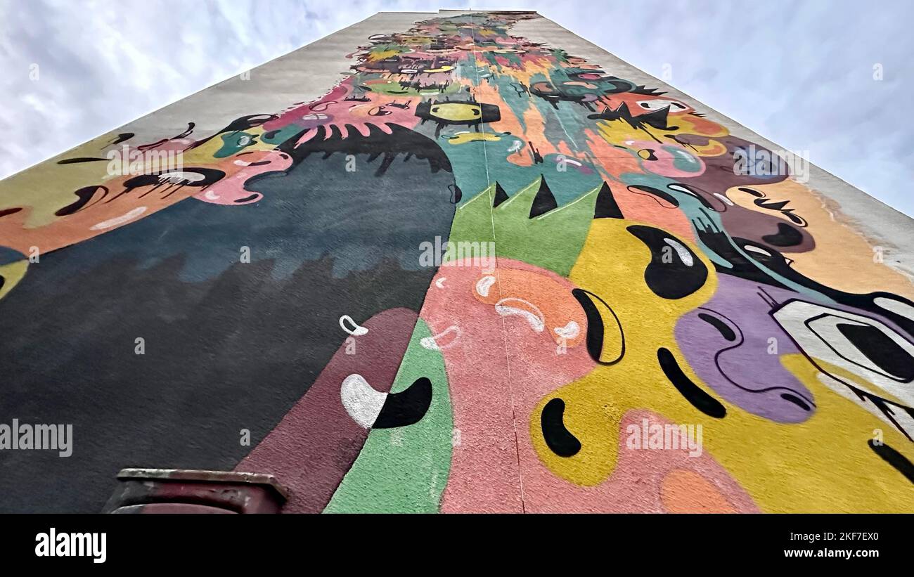 Un'inquadratura a basso angolo di una colorata parete Street art con immagini astratte fino al cielo Foto Stock