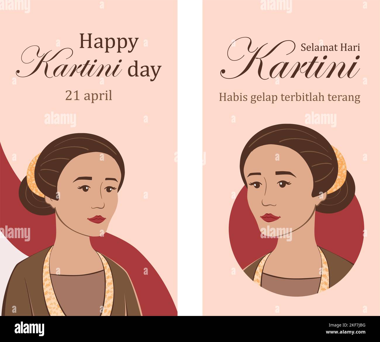 Selamat hari Kartini. Traduzione buon giorno Kartini. Habis gelap terbitlah terang significa dopo l'oscurità arriva luce. Hero Kartini indonesiano con illustrazione del vettore flag indonesiano Illustrazione Vettoriale