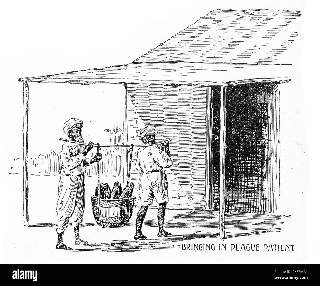 Incisione di due uomini che trasportano un cestino che tiene un uomo con la placca ad un centro medico in India. Foto Stock