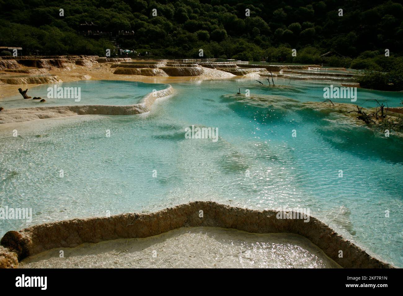 Terrazze di travertino nella valle di Huanglong nella contea di Songpang, Sichuan, Cina. Foto Stock