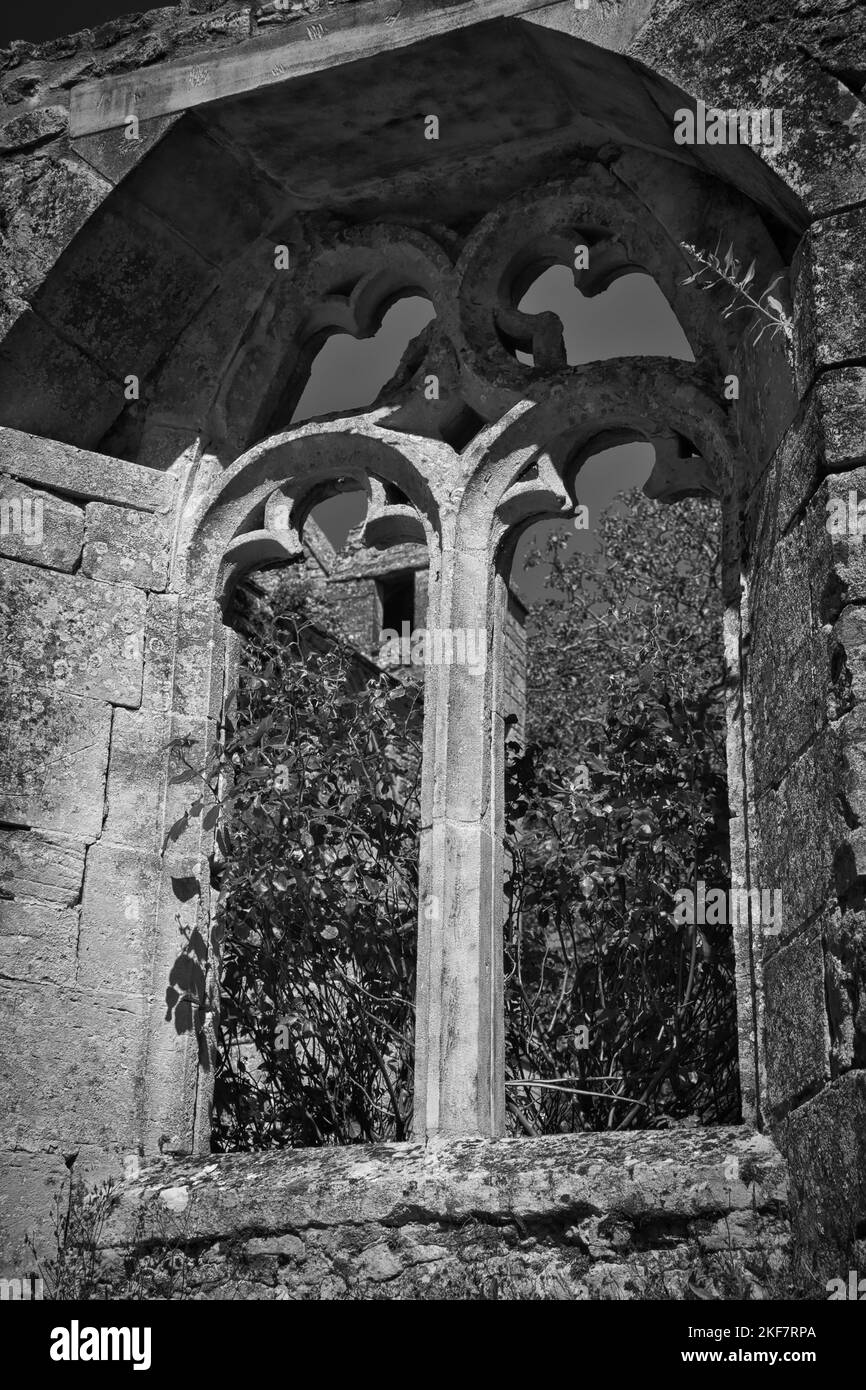 Finestra gotica di Longues Abbey in BW Foto Stock