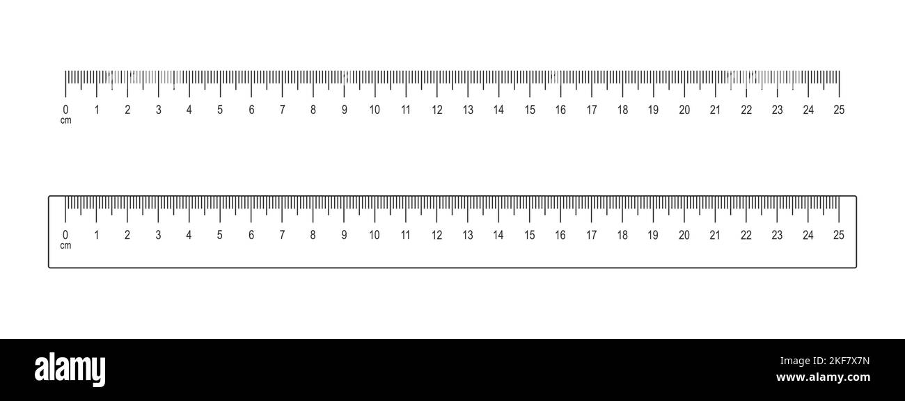 righello e scala da 25 cm isolati su sfondo bianco. Strumento matematico o geometrico per la misurazione di distanza, altezza o lunghezza con numeri di markup e centimetri. Illustrazione del contorno vettoriale. Illustrazione Vettoriale