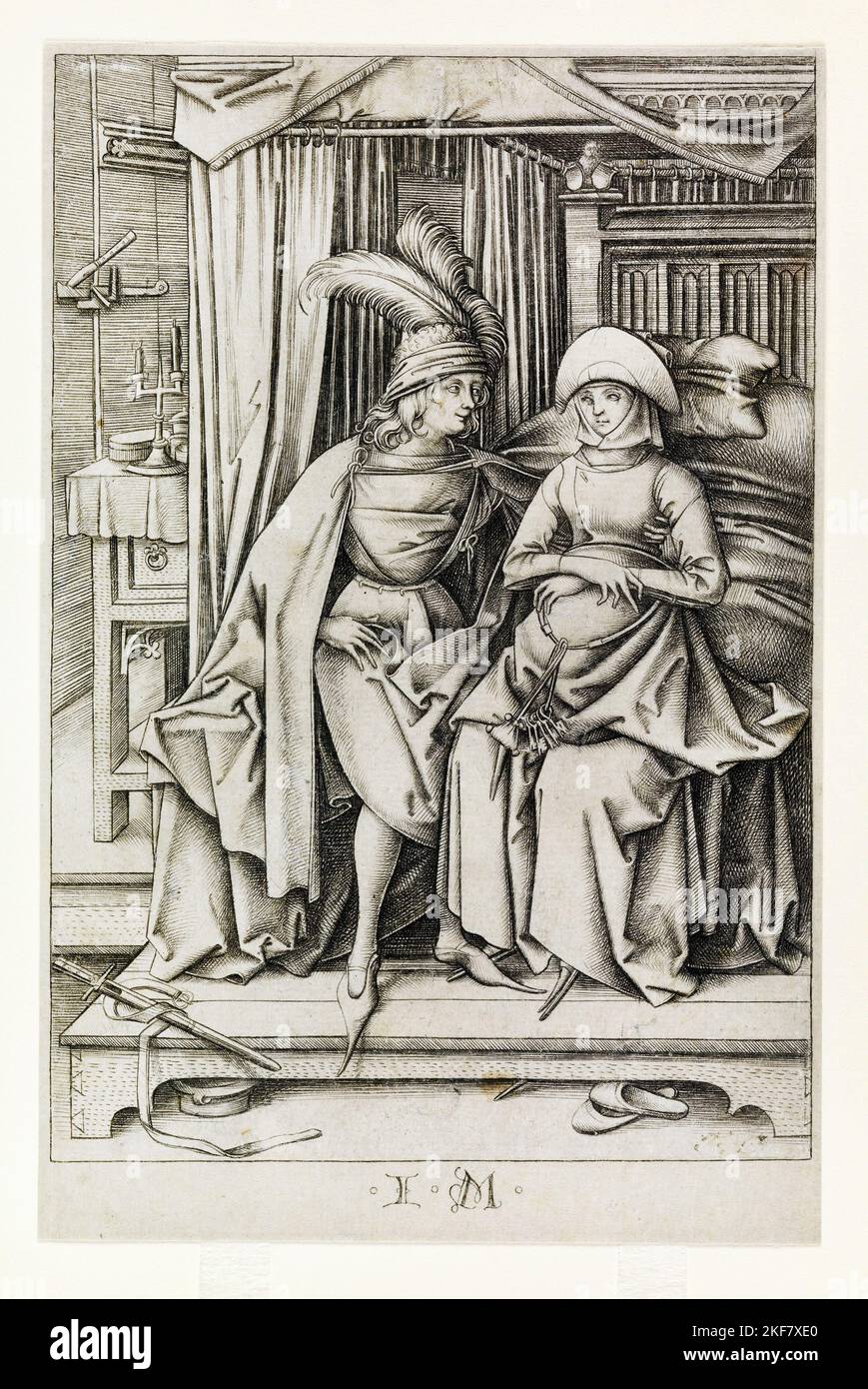 Israhel van Meckenem; coppia seduta su un letto, da Scenes of Daily Life; circa 1490; incisione; Metropolitan Museum of Art, New York City, USA. Foto Stock