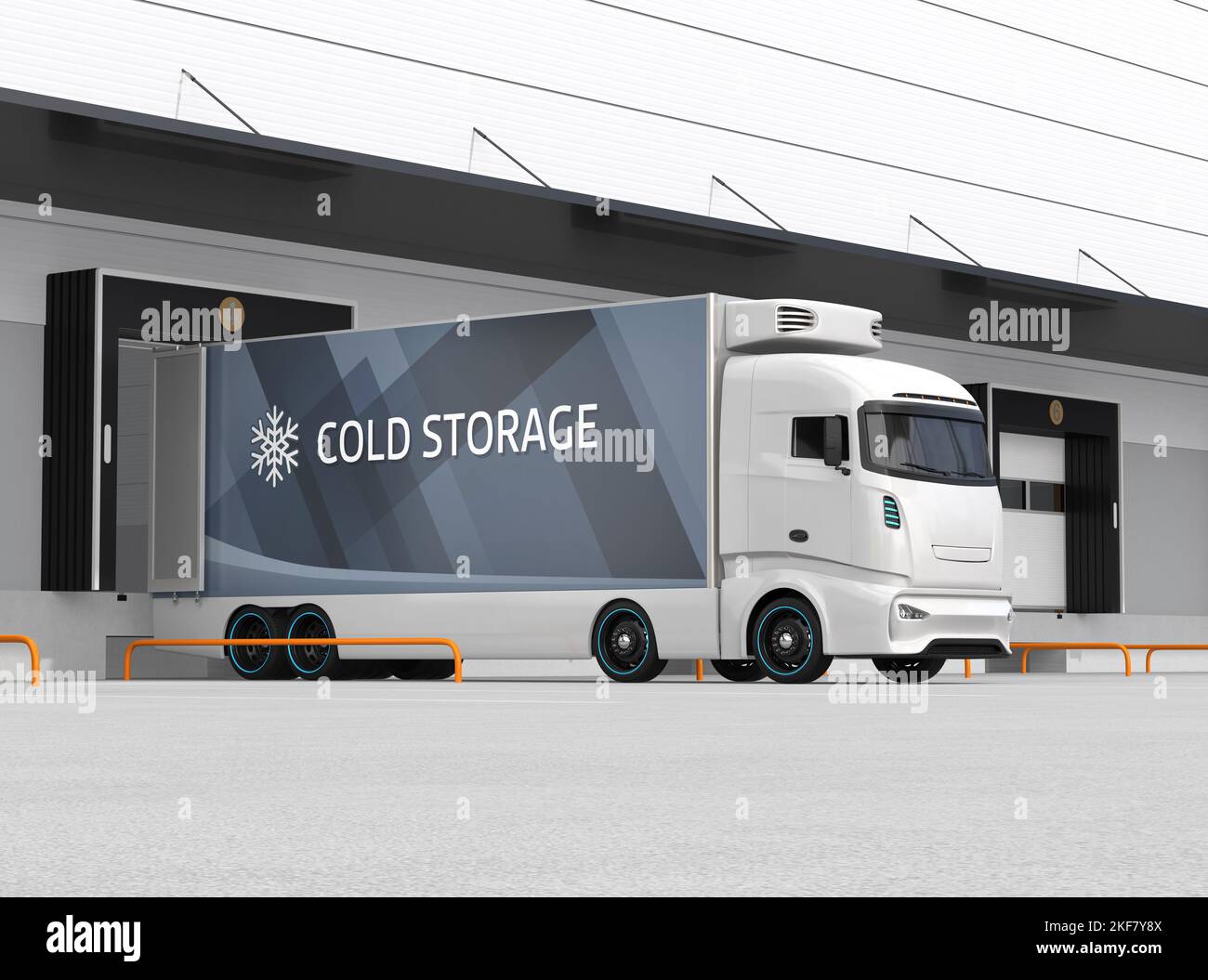 Camion elettrico con container e parcheggio per rimorchio singolo nel centro logistico. Concetto di catena del freddo. Immagine di rendering 3D. Foto Stock