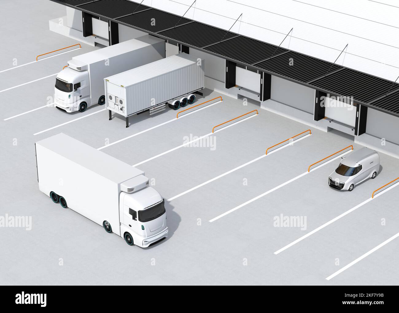 Carrelli elettrici con container reefer e parcheggio di un rimorchio per container singolo nel centro logistico. Concetto di catena del freddo. Immagine di rendering 3D. Foto Stock