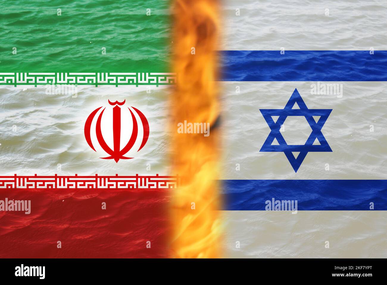 Defocalizzare Israele Iran bandiere nazionali. Notizie, reportage, background aziendale. Israele contro Iran. Battaglia di due paesi in cielo. Fuori fuoco Foto Stock