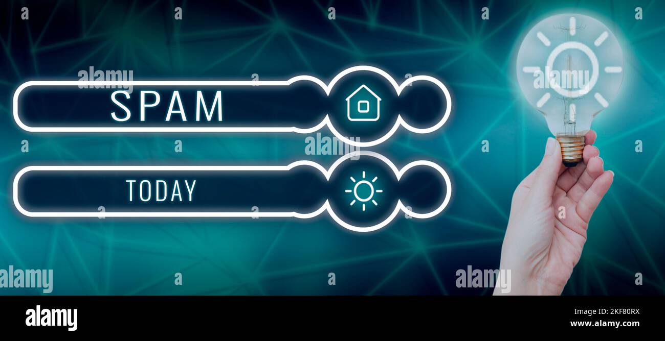 Visualizzazione concettuale Spam. Parola per messaggio non richiesto solitamente commerciale inviato un gran numero di destinatari Foto Stock