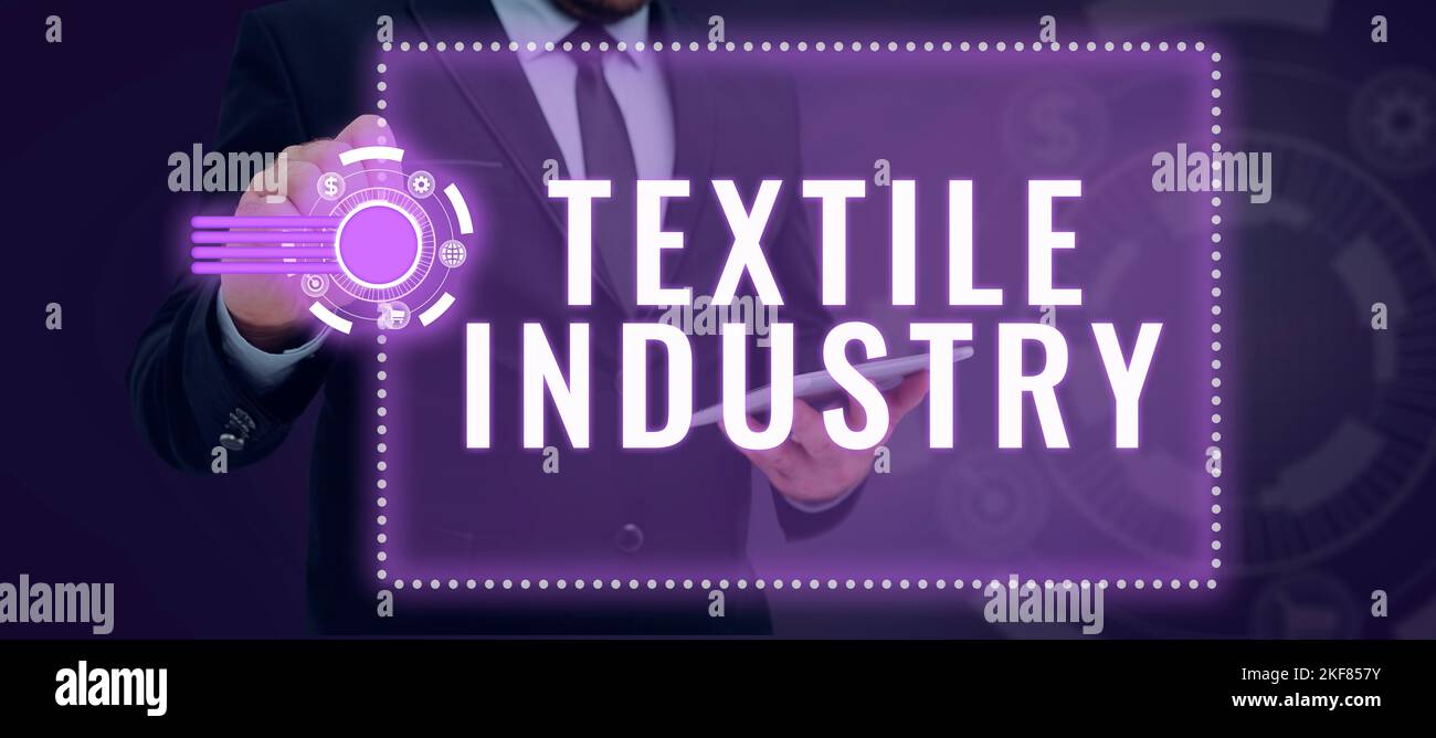 Scrittura visualizzazione testo industria tessile. Business idea produzione e distribuzione di tessuti e abbigliamento in filato Foto Stock