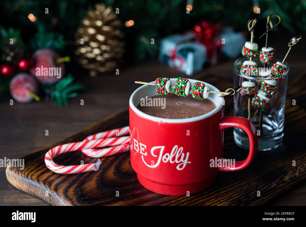 Cioccolata calda guarnita con marshmallows ricoperti di cioccolato. Una scena festiva. Foto Stock