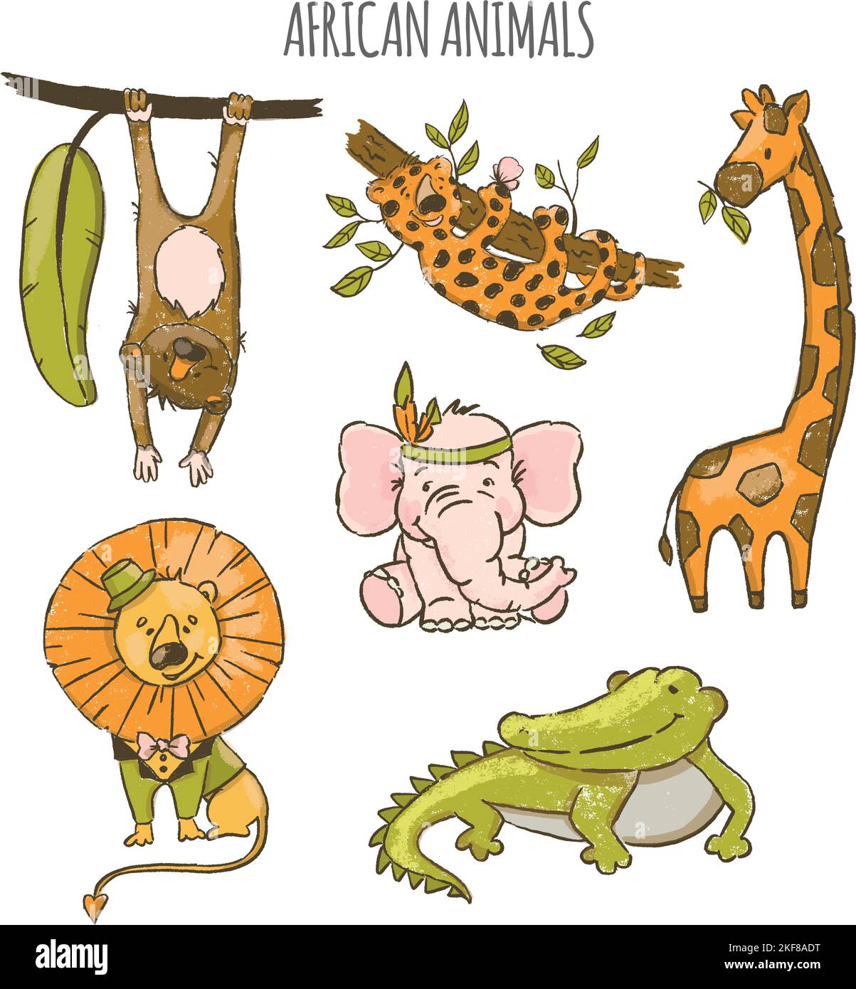 ANIMALI AFRICANI carino Cartoon Circus Zoo Jungle Savannah tropicale disegno a mano Vector Illustration for Print Illustrazione Vettoriale