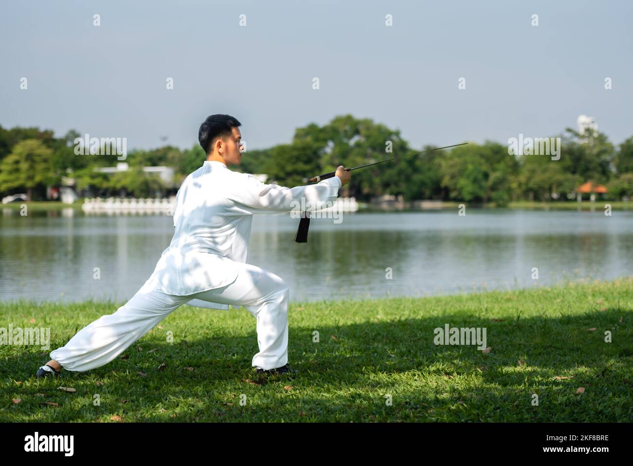 Giovane uomo che pratica tradizionale Tai Chi Sword, Tai Ji nel parco per sano, tradizionale cinese arti marziali concetto su sfondo naturale. Foto Stock