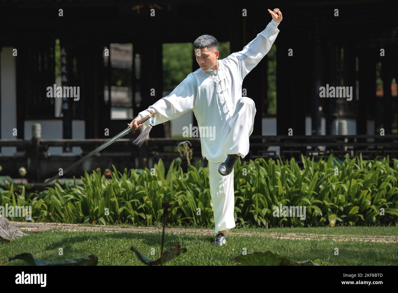 Giovane uomo che pratica tradizionale Tai Chi Sword, Tai Ji nel parco per sano, tradizionale cinese arti marziali concetto su sfondo naturale. Foto Stock