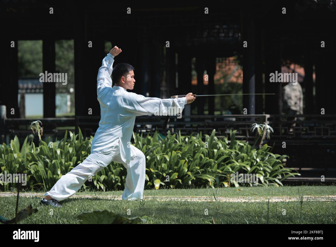 Giovane uomo che pratica tradizionale Tai Chi Sword, Tai Ji nel parco per sano, tradizionale cinese arti marziali concetto su sfondo naturale. Foto Stock