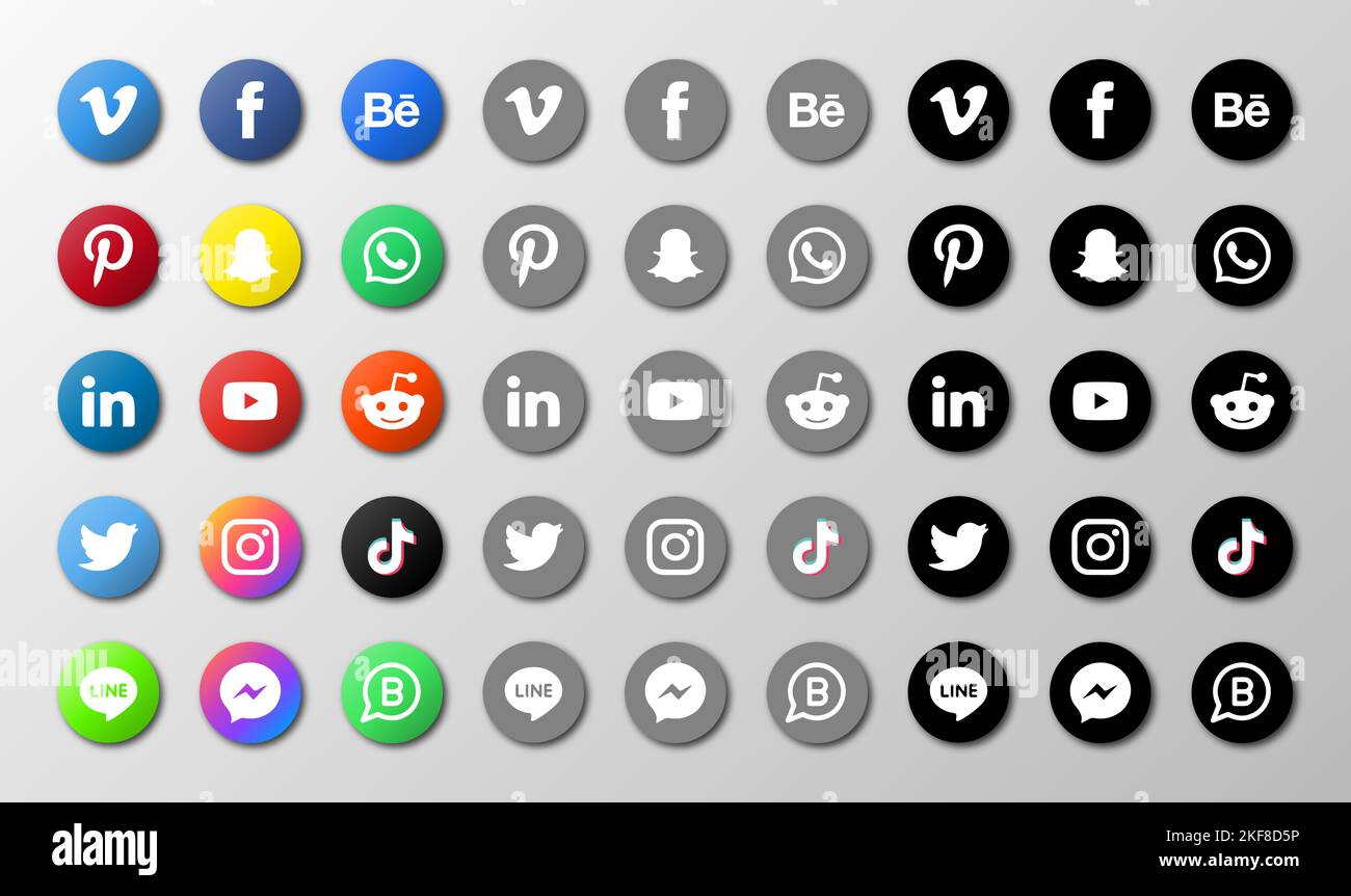 Set di sfumature, piatti, stile silhouette, icone social, set di icone dei social media più popolari illustrazioni vettoriali. Illustrazione Vettoriale
