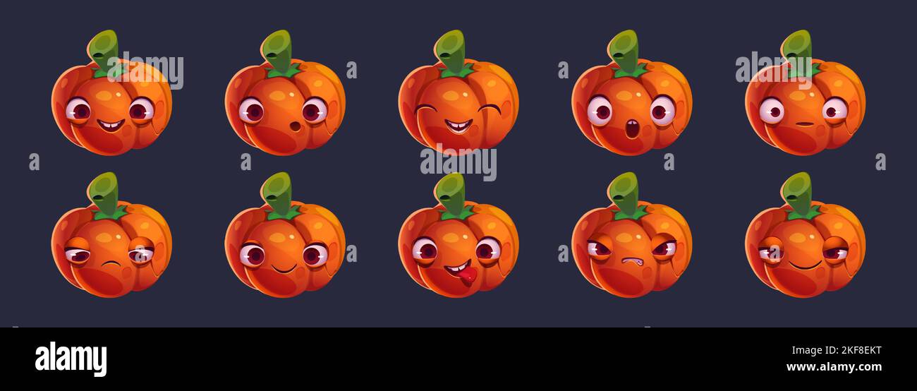 Personaggio di zucca cartoon con emozioni diverse sul viso. Set di verdure divertenti con grandi occhi e bocca felice, triste, arrabbiato, spaventato, sorpreso, mostrando la lingua. Illustrazione del vettore emoji di Halloween Illustrazione Vettoriale