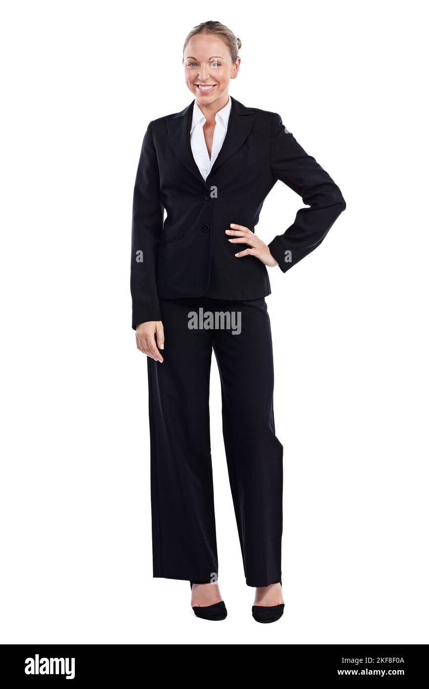 Im nato per fare affari. Ritratto completo di un uomo d'affari in piedi con la mano sull'anca su uno sfondo bianco. Foto Stock