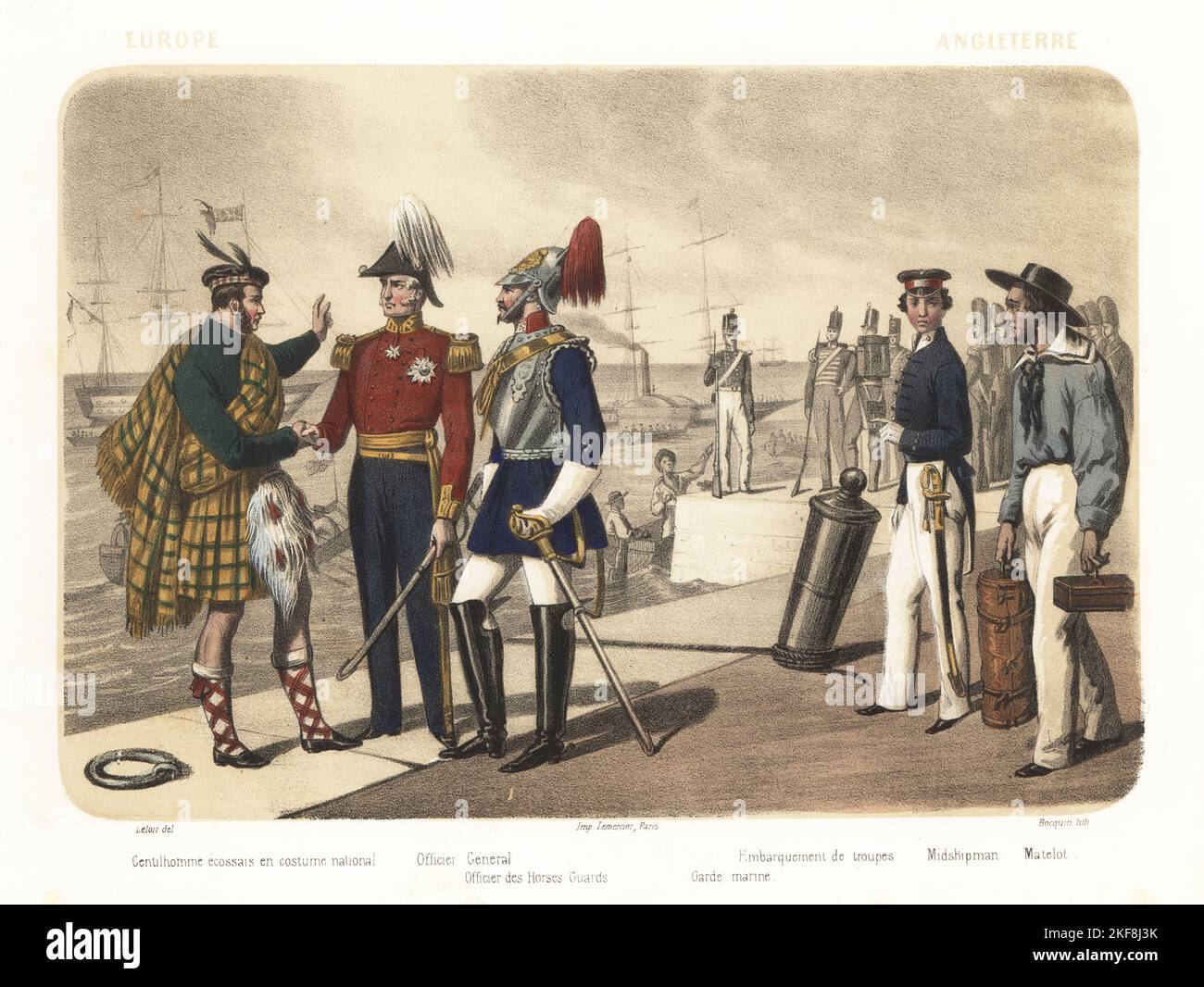 Costumi militari di Inghilterra e Scozia, 1858. Highlander scozzese in kilt e sporran, esercito generale in bicorne e ufficiale delle Guardie del Cavallo in casco e cuirass, guardia marina, imbarco di truppa, marinaio e marinaio. Sloop, navi a vela e navi a vapore in porto. Gentilhomme Ecossais en costume National, General, officier des Horses Guardie, garde marine, embarquement de Troupes, midshipman, matelot. Litografia dipinta a mano e color seppia di Jean-Adolphe Bocquin dopo un'illustrazione di Auguste Leloir di Elisabeth Muller (pseudonimo di Leonie Bedelet), le Monde en Estampes, il Foto Stock