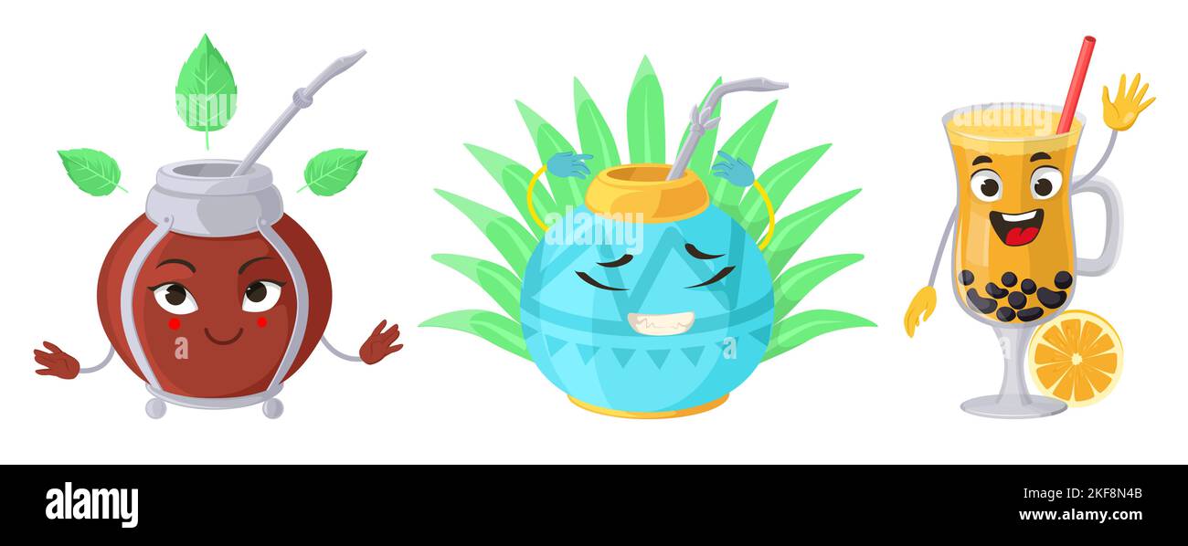 Kawaii bolla tè carino emoji vettore set. Emoticon di menta, cactus e bevanda arancione isolato su sfondo bianco. Illustrazione divertente della mascotte del cibo di emoji Illustrazione Vettoriale