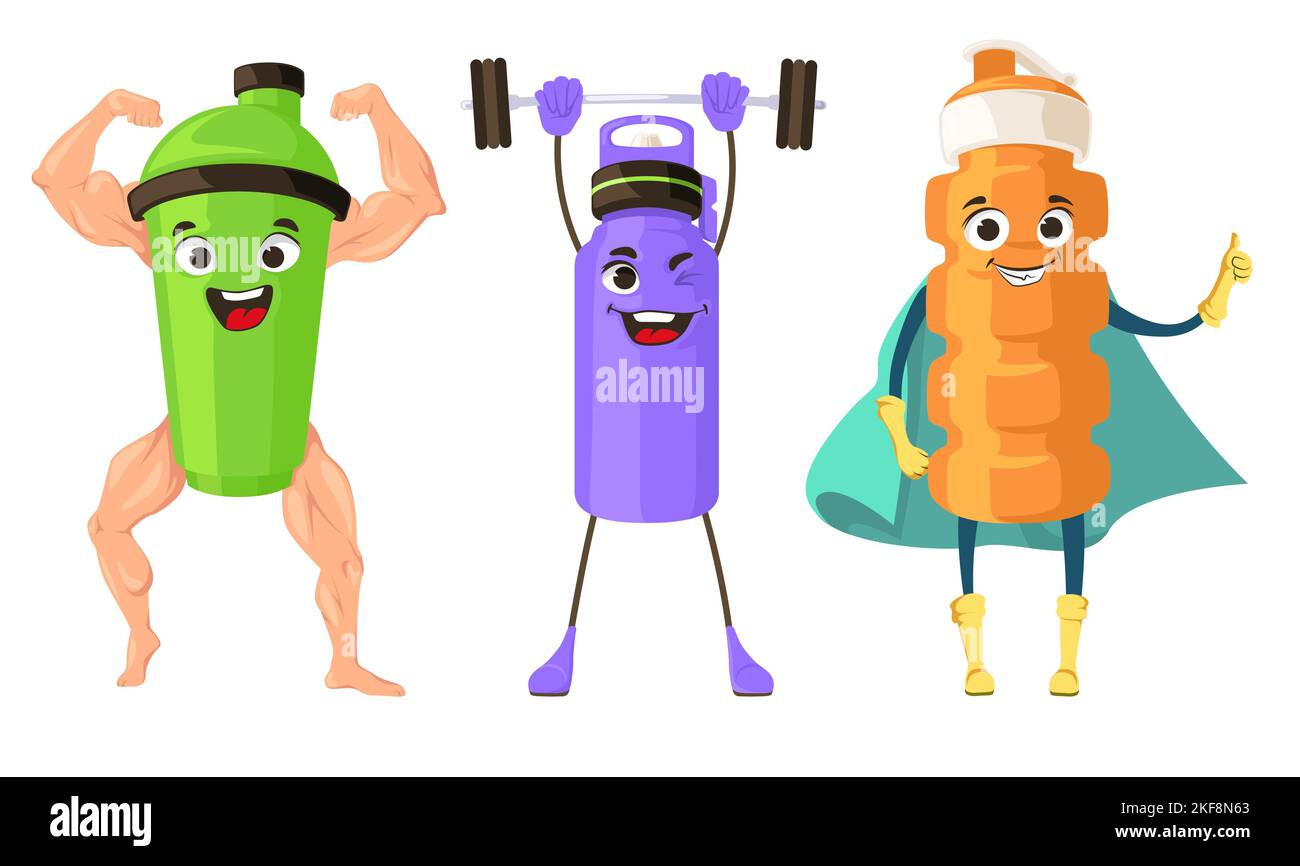 Sport bottiglia divertente cartone animato emoticon set vettore. Bodybuilder, weightlifter e super eroe illustrato con cappuccio per agitatore fumetto isolato su fondo bianco Illustrazione Vettoriale
