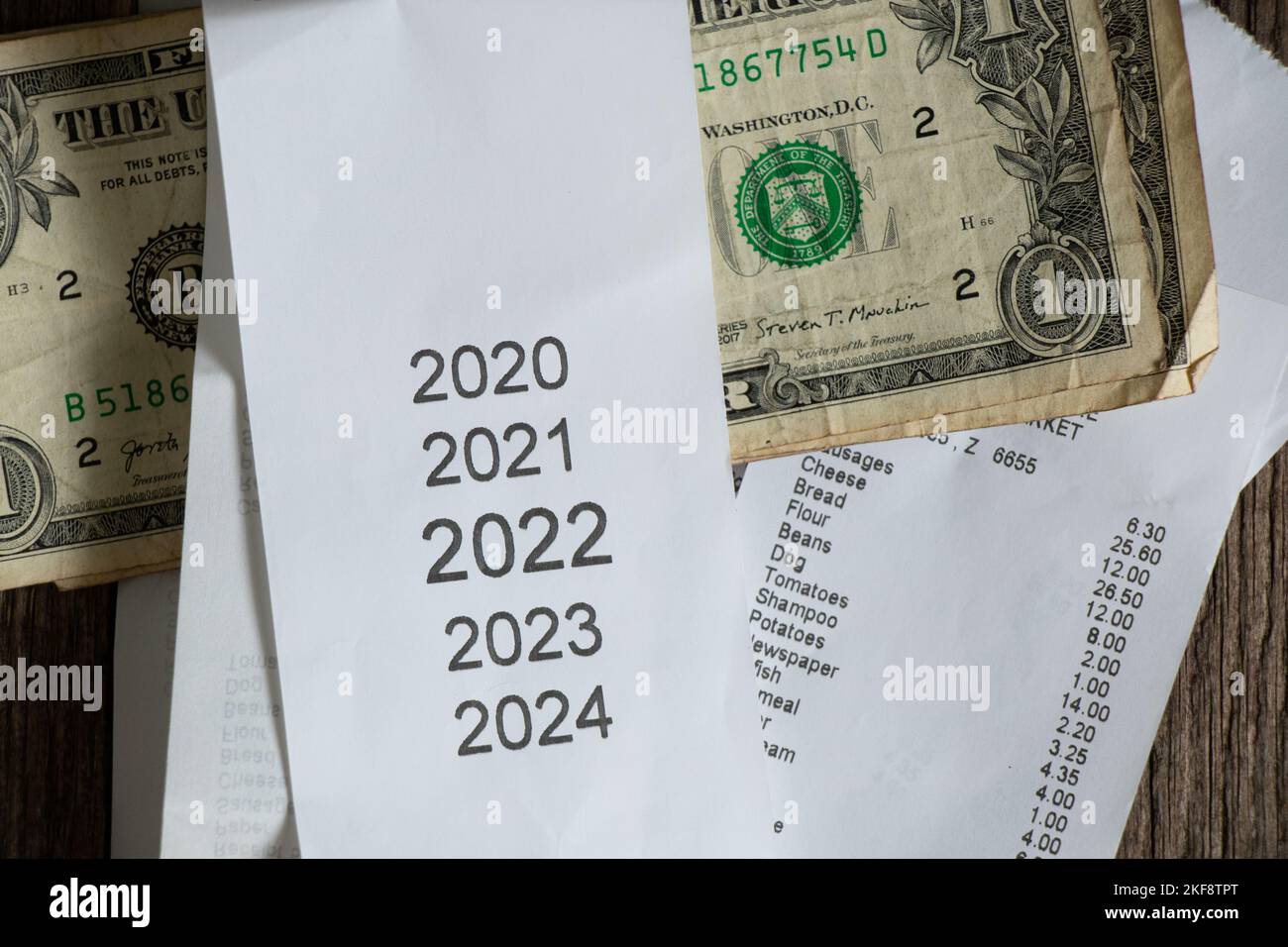 Elenco degli anni 2020 2021 2022 2023 sul registratore di cassa che si trova vicino ai dollari americani, ricevuta di vendita e denaro, argomento finanziario, ricavi nel 2022 Foto Stock