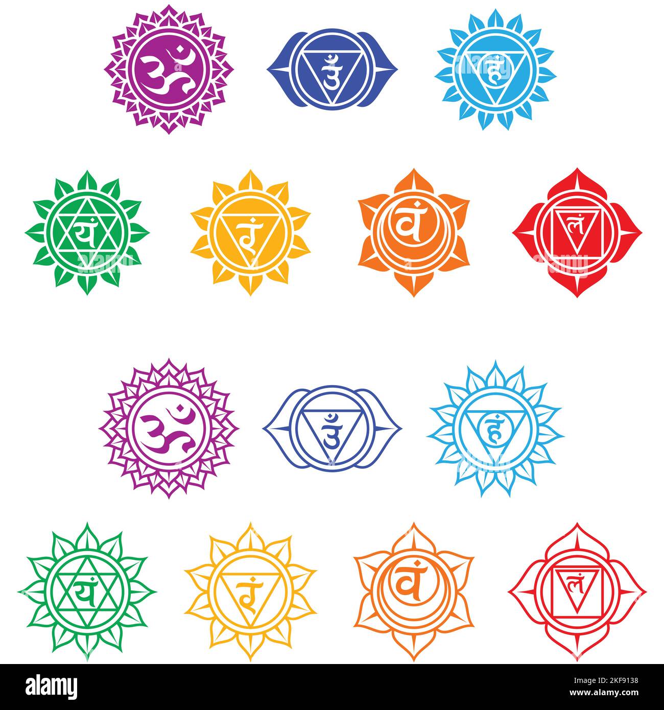 Disegno vettoriale del centro energetico dei sette chakra, simbolo della dottrina induista che mostra i sette chakra del corpo umano, con i rispettivi c Illustrazione Vettoriale