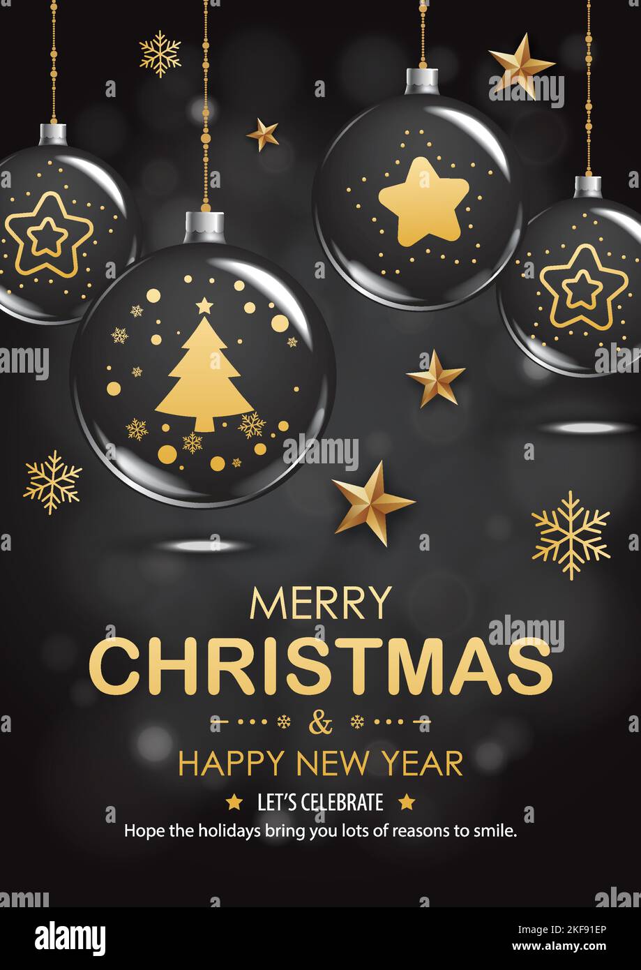 Buon natale con la sfera di vetro per il disegno della brochure del volantino sul concetto nero di tema di invito di fondo. Buon banner e biglietto di auguri per le feste Illustrazione Vettoriale