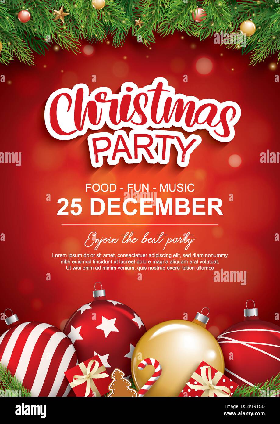 Allegro festa di natale con palla di vetro e scatola regalo per il design opuscolo volantino su sfondo rosso invito tema concetto. Buon banner di auguri per le feste Illustrazione Vettoriale