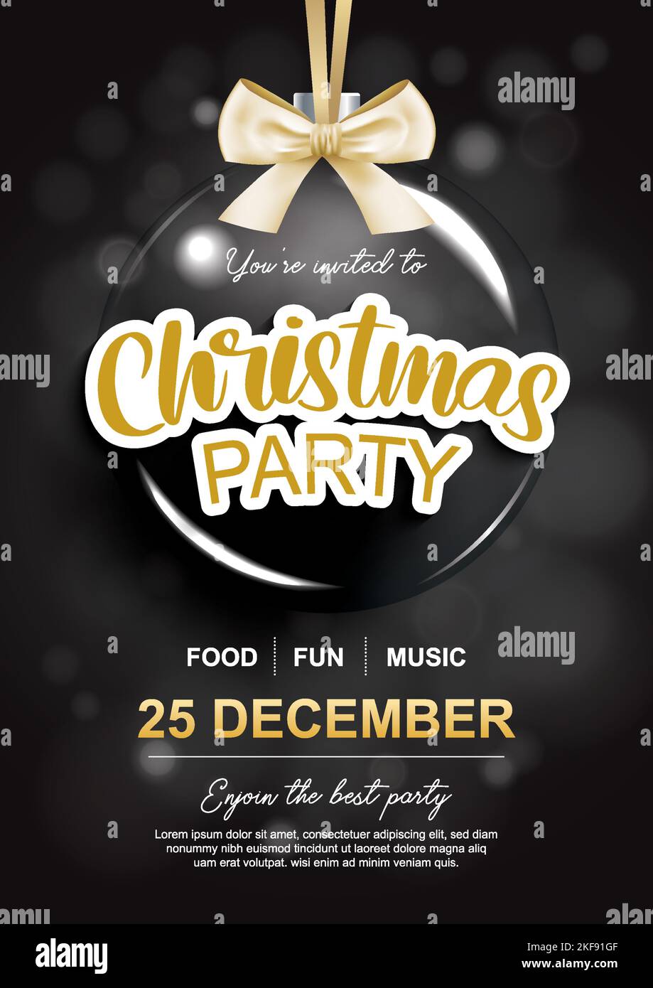 Buon partito di natale con la sfera di vetro per il disegno dell'opuscolo dell'opuscolo sul concetto nero di tema dell'invito di fondo. Buon Natale banner e biglietto t Illustrazione Vettoriale
