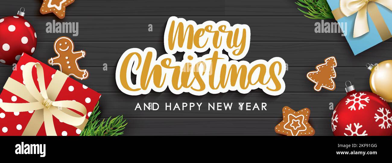 Buon natale con la sfera di vetro e giftbox per il disegno dell'opuscolo del volantino sul concetto nero di tema dell'invito di fondo. Buon banner di saluto e Illustrazione Vettoriale