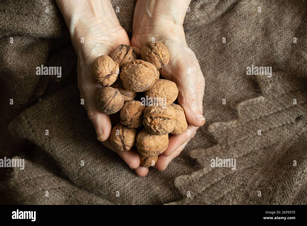 vecchia donna che tiene un sacco di noci nelle sue mani a casa sullo sfondo di uno scialle marrone, noci nelle mani della nonna, cibo sano, cibo vegano Foto Stock