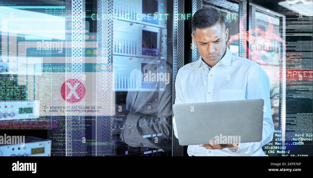 Overlay, futuristico o programmatore con notebook in sala server per problemi di computer 404, sicurezza informatica o analisi software. Codifica digitale, hacker o. Foto Stock