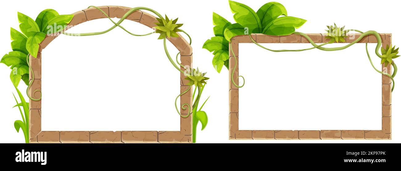 Set pietra arco cornice cornice cornice cornice di confine giungla decorata con liana, foglie tropicali e erba medievale antico in stile cartone animato, isolato su sfondo bianco. Decorazione del gioco, menu. Illustrazione vettoriale Illustrazione Vettoriale