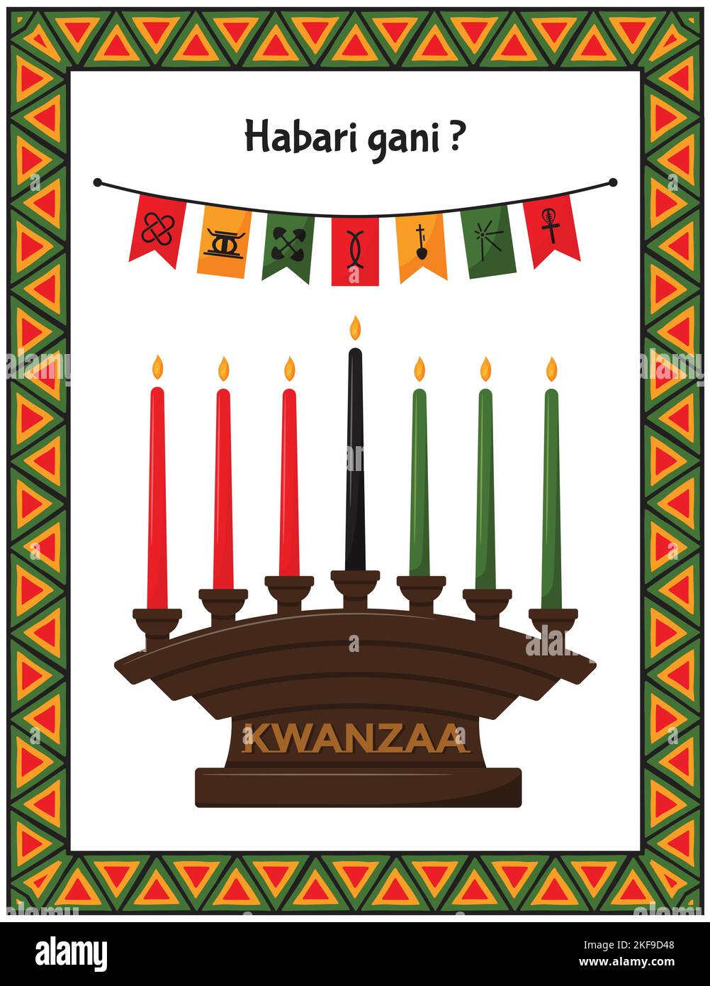 Biglietto d'auguri con portacandela tradizionale - Kinara e bandiere con segni di principi Kwanzaa. Habari gani - cosa c'è di nuovo in Swahili. Telaio con Afr Illustrazione Vettoriale