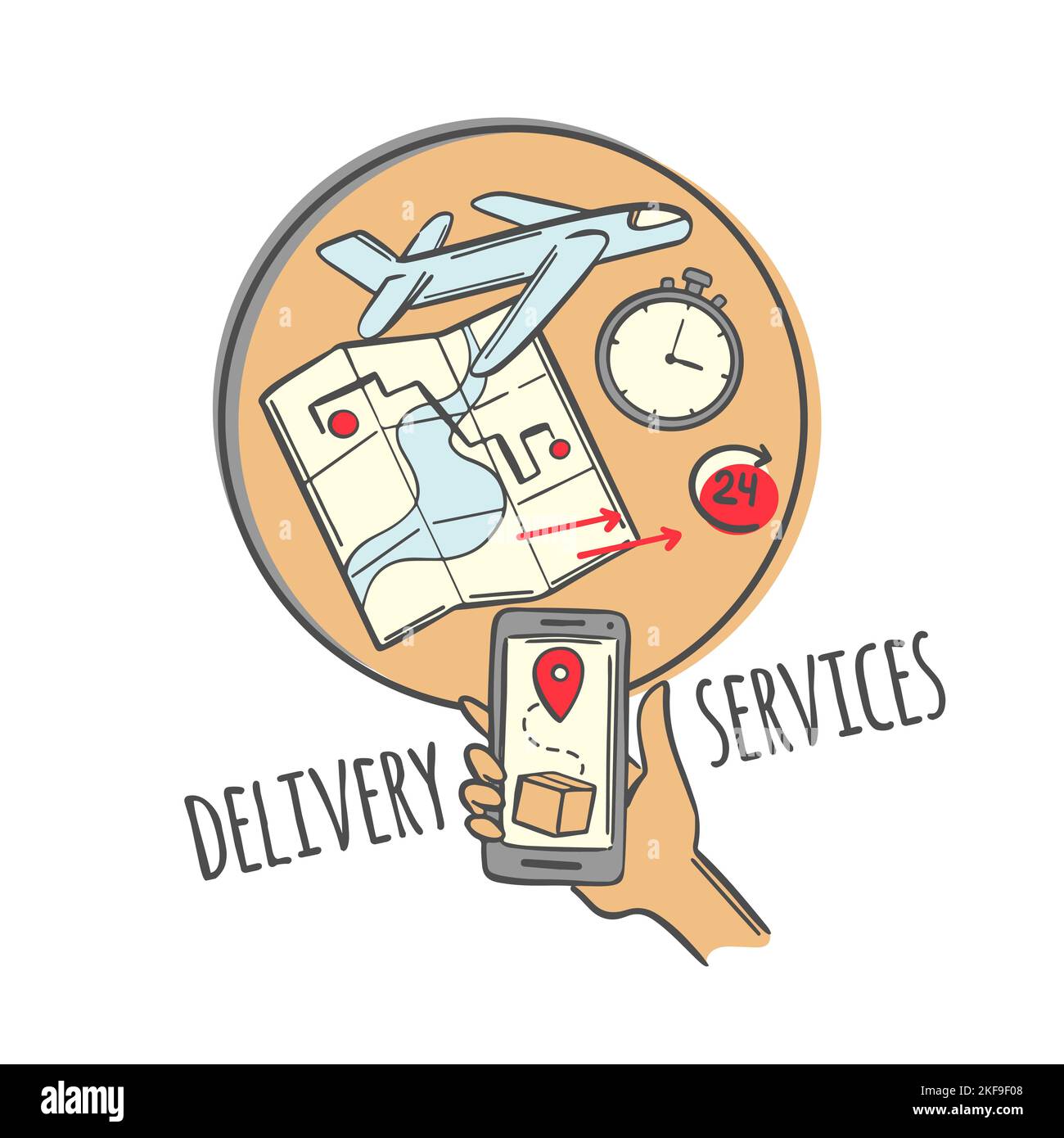 CONSEGNA AVIA rappresentazione schematica del principio di funzionamento del Servizio di consegna rapida Ordine per smartphone in mano in breve tempo al luogo di destinazione Illustrazione Vettoriale