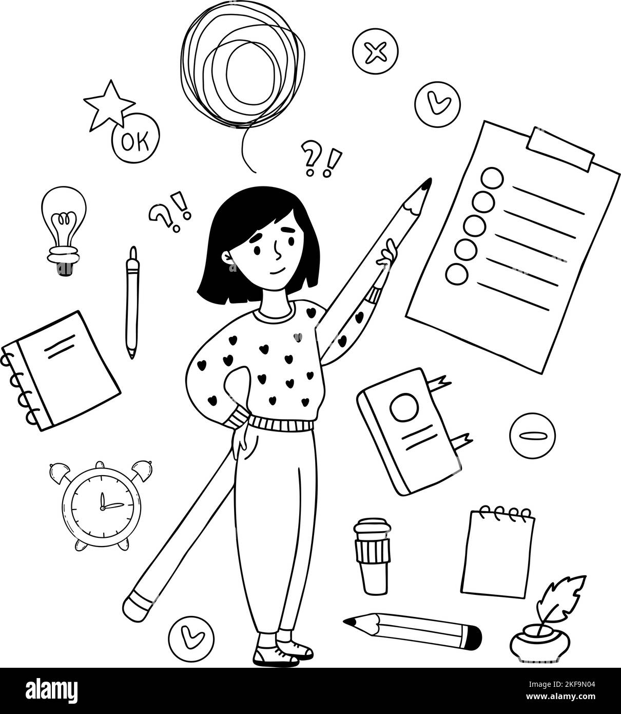 Doodle educativi vettoriali. Ragazza carina con matita grande, i pensieri aggrovigliati bolla, da fare lista, cancelleria, notebook, penna e libro. Mano lineare isolata Illustrazione Vettoriale