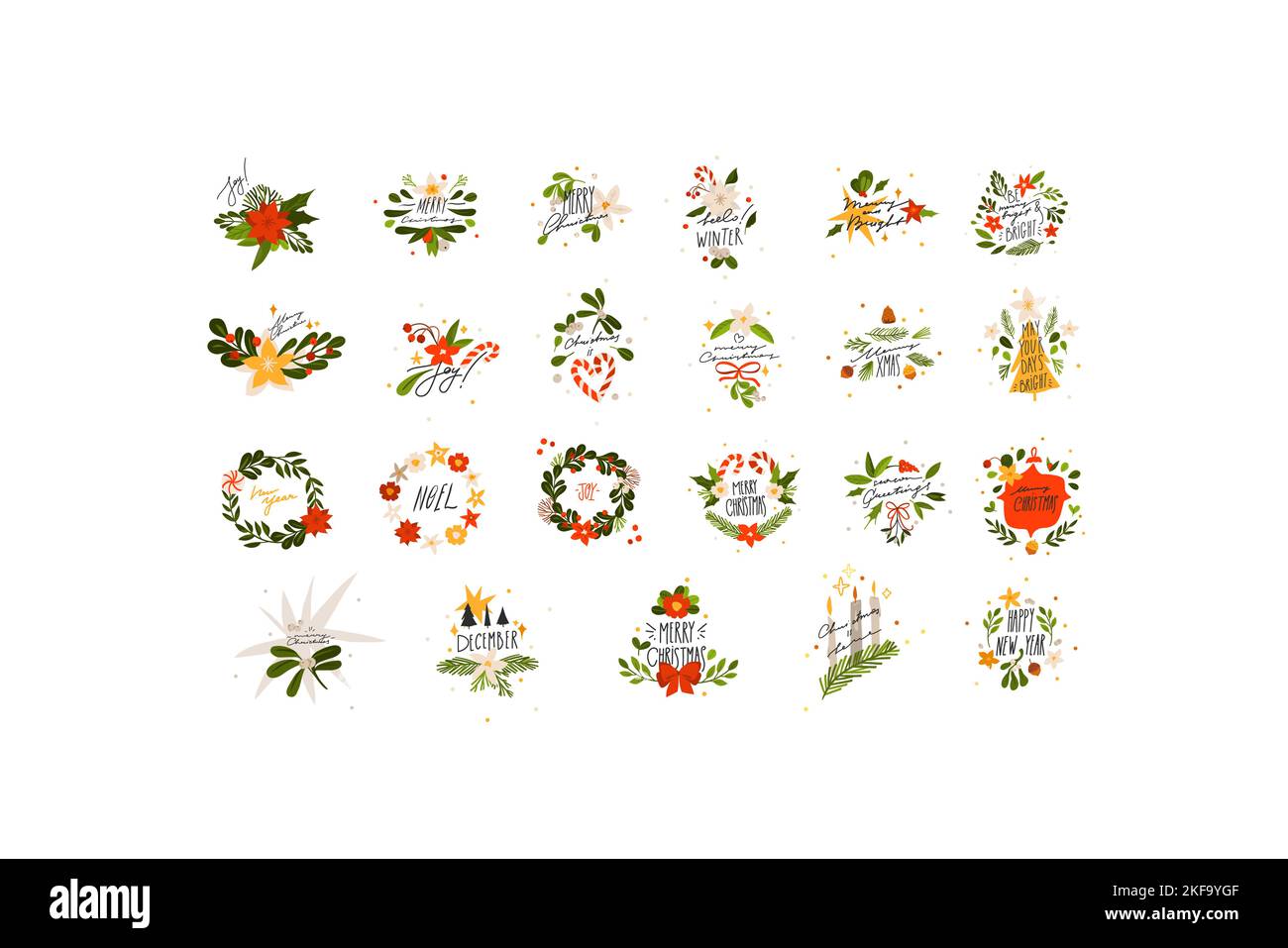 Grafica astratta vettoriale disegnata a mano buon Natale e felice anno nuovo clipart illustrazioni saluto emblema set con fiori, foglie e lettere Illustrazione Vettoriale