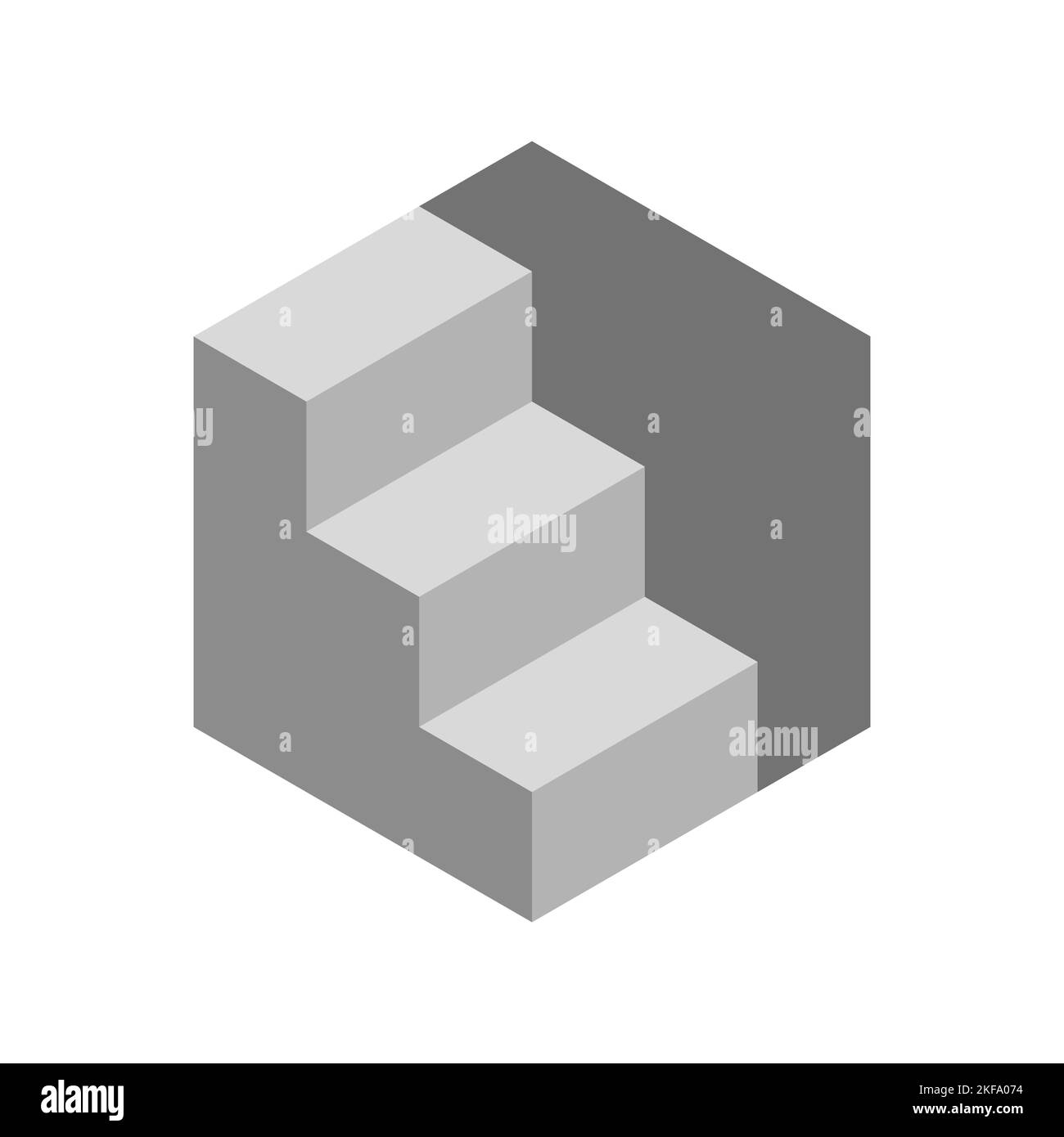 Scala isometrica grigia con parete di supporto. Tre fasi. 3D scatola esagonale geometrica. Caratteristiche architettoniche delle scale. Costruzione, costruzione. Vettore Illustrazione Vettoriale