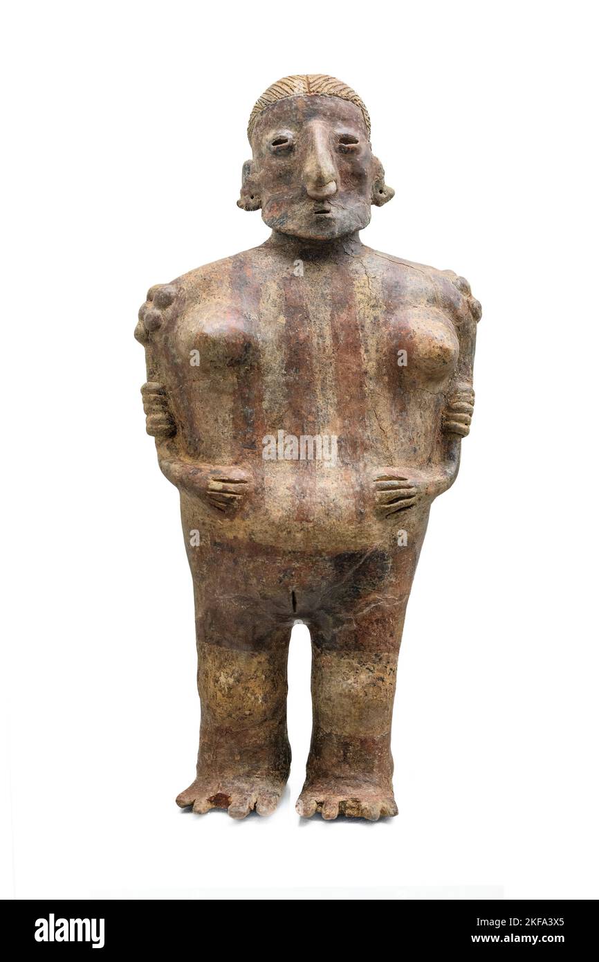 Antropomorfo, figura ceramica raffigurante una donna incinta, nello stile Nayarit del Messico occidentale, periodo protoclassico tra il 100 a.C. e il 250 d.C. Foto Stock