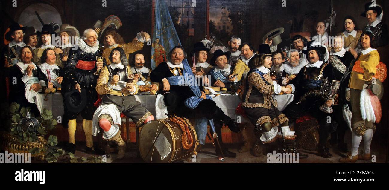 Banchetto alla Crossbowmen's Guild in Celebrazione del Trattato di Munster (1648) di Bartholomeus van der Helst.Dutch painter.Portrait painter of the Dutch Golden Age Foto Stock