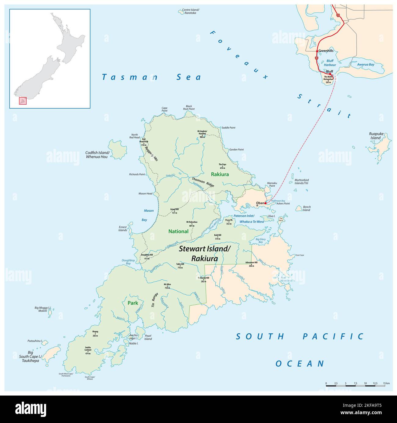 Mappa vettoriale di New Zealands Stewart Island, Rakiura Foto Stock