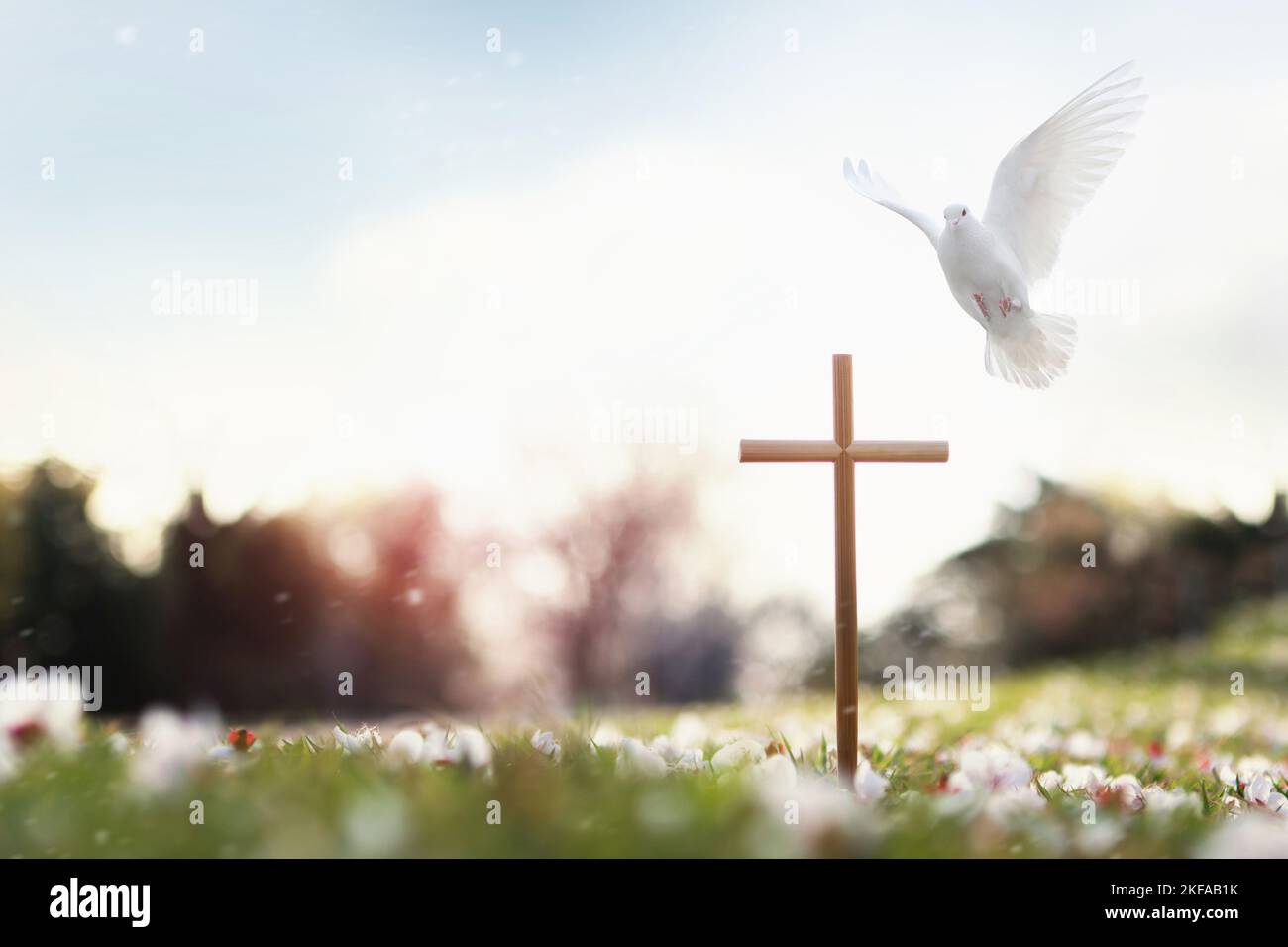 Croce che simboleggia la morte e la risurrezione di Gesù Cristo, fiori primaverili, petali cadenti, luce solare brillante e colombe Foto Stock